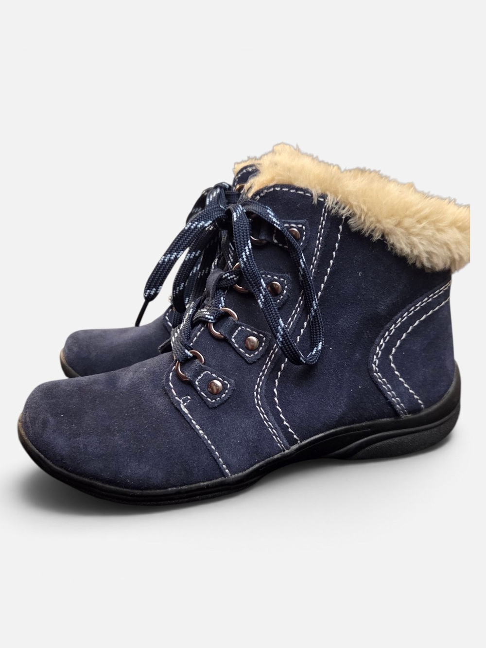 Earth Origins Faux Fur Lace-Up Side Zip Ankle Boots Navy Blue Size 8